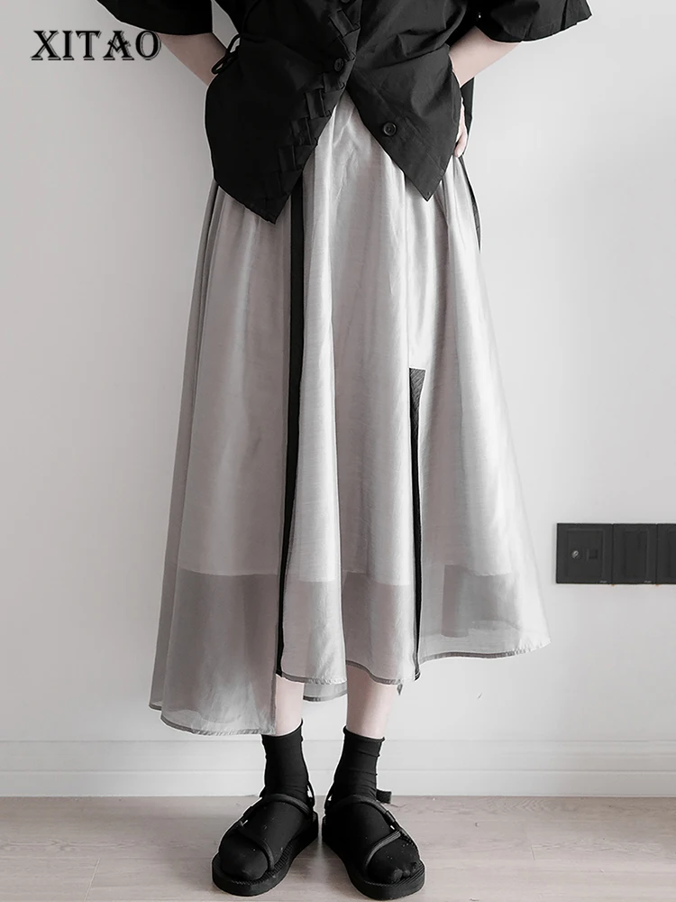 

XITAO Irregular Thin Skirt Loose Fashion Contrast Color Ribbon A-line Skirt 2022 Summer New Simplicity All-match Women WMD6761