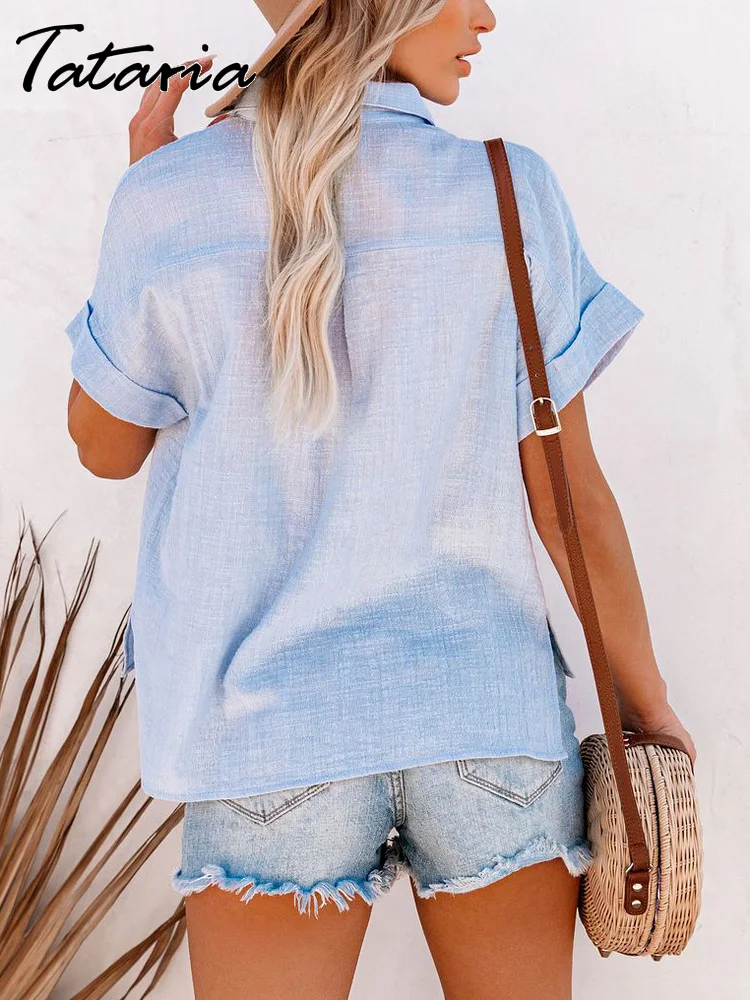 Хлопковая льняная Свободная рубашка Женская однотонная летняя блузка мягкая