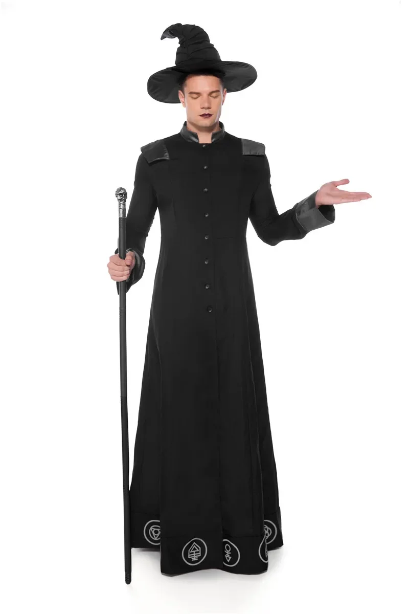 Мужской магический волшебник костюм колдуна черный на Хэллоуин темный колдун