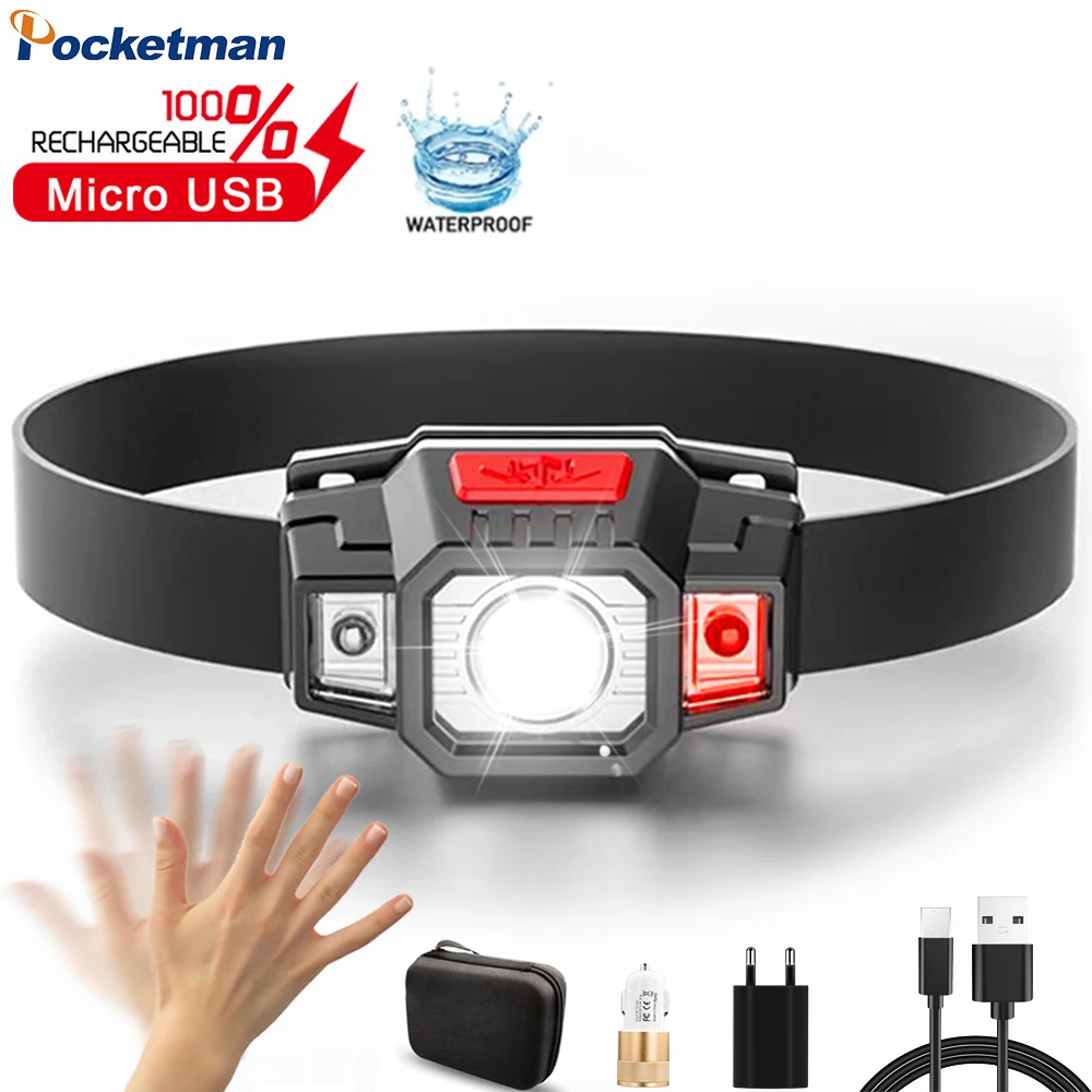 

Built in battery headlamp three gear induction super mini headlight with USB cable