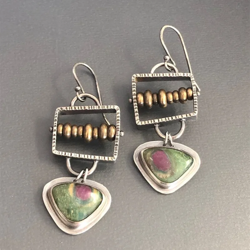 

Ethnic Irregular Square Bead Earrings Vintage Hoop Metal Paste Pattern Earrings