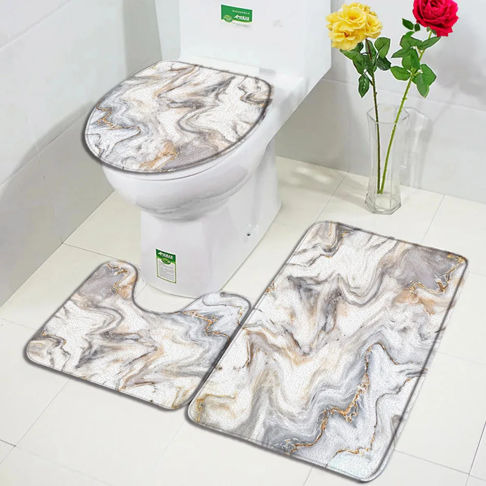 

Abstract Marble Bath Mat Set Grey Gold Textured Pattern Modern Minimalist Bathroom Decor Carpet Non-Slip Rugs Toilet Lid Cover