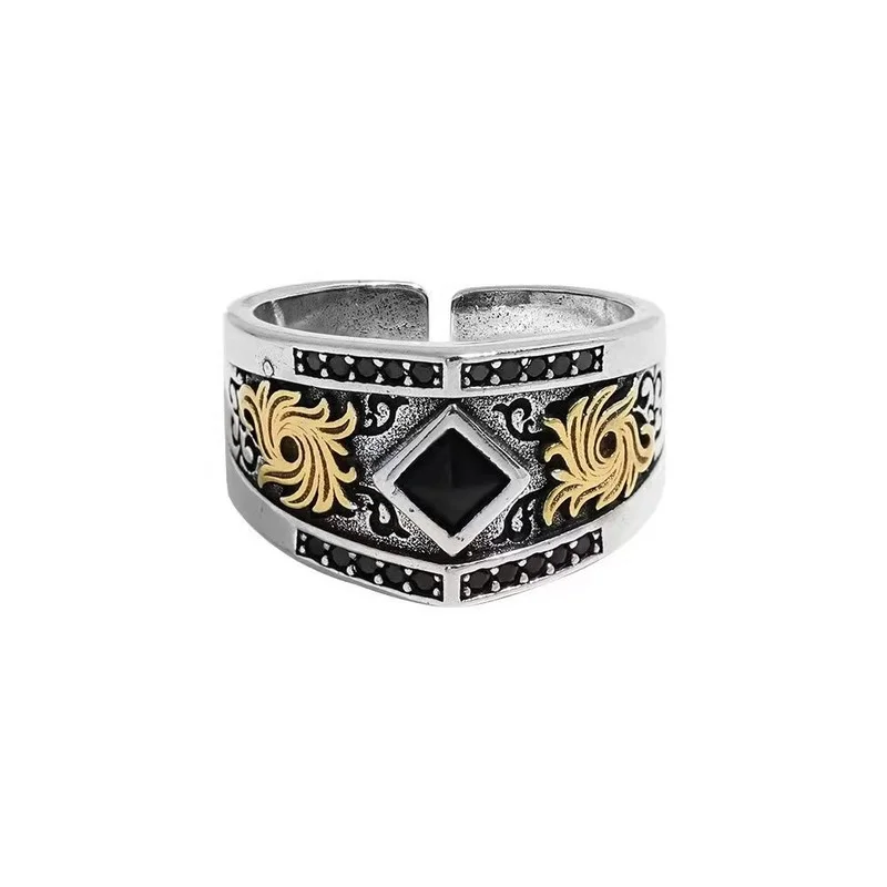 Original design American Obsidian Knight RING 925 Thai silver ring male