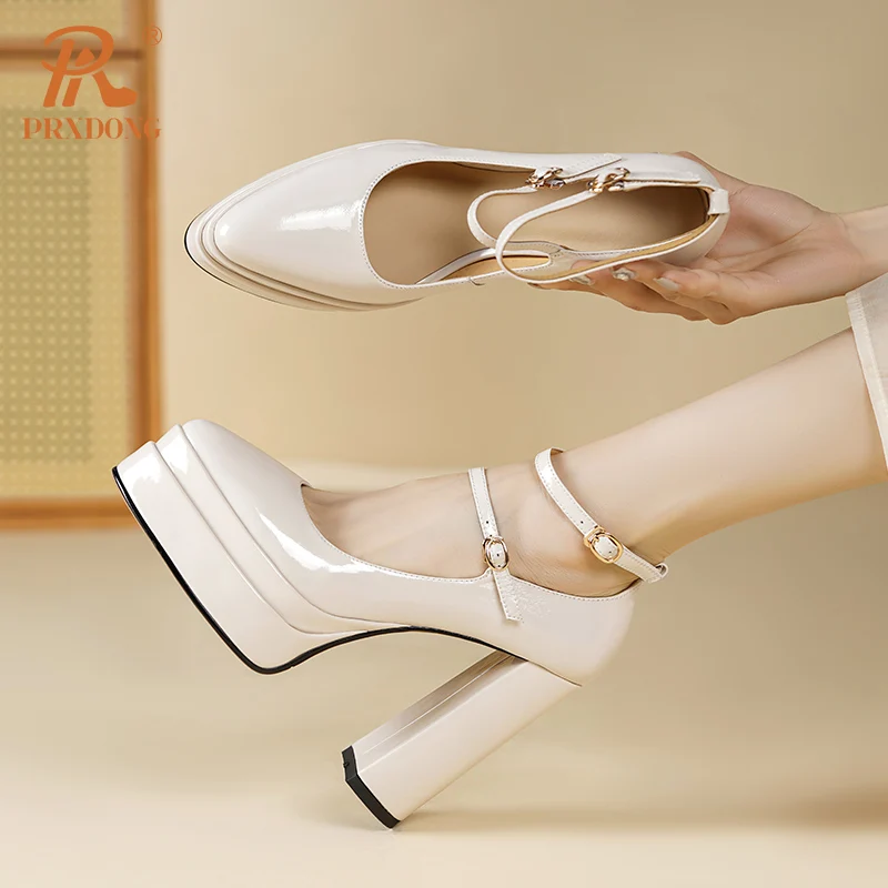 Женские туфли-лодочки с ремешком на щиколотке PRXDONG бежевые или черные толстой