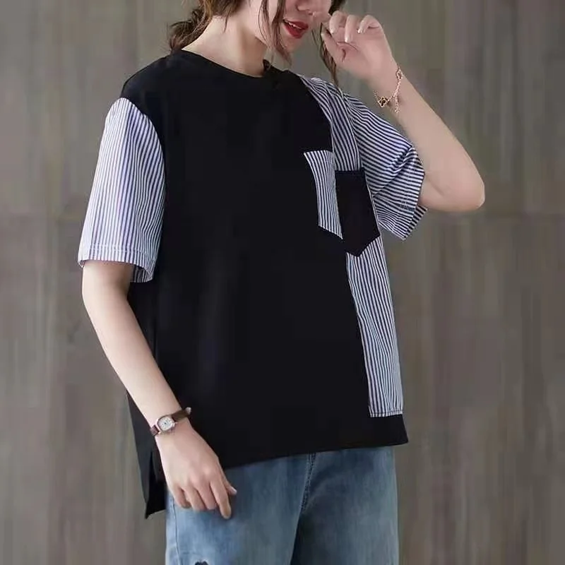 

Модная литературная Футболка свободного кроя, повседневный Большой пуловер с контрастной строчкой, женская футболка с коротким рукавом, Но...