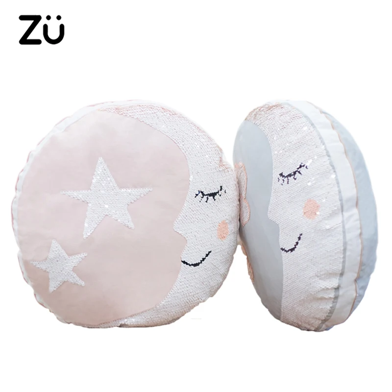 

Cotton Fabric Sequin Embroidery Moon Star Round Pillow Bling-Bling Beautiful Sofa Cushion Home Decor 40cm