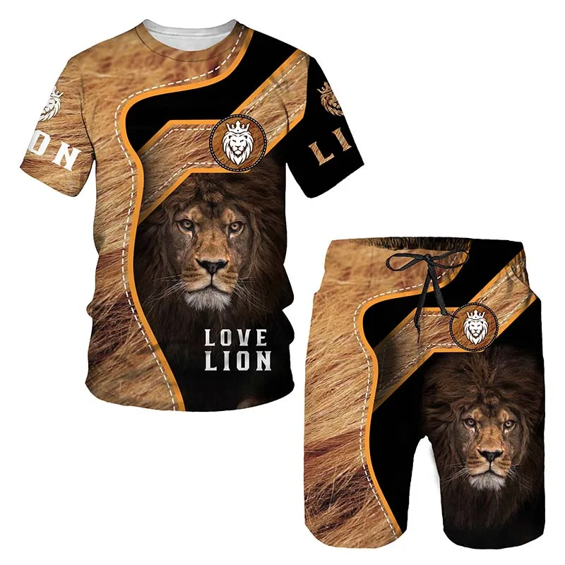 Summer Men's Lion 3D Printed Men's Sportswear Fashion T-shirt Set Men's Large Size Casual Clothing O Collar Oversized Sportswear