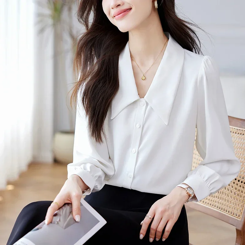 Модная женская рубашка с отложным воротником белая длинным рукавом блузка
