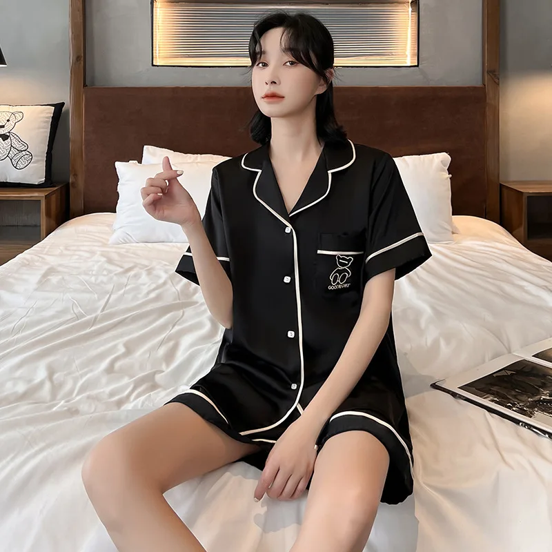 Pajamas Womens Solid Color Thin Short-sleeved Shorts Korean Version of Loose Two-piece Home Suit Breathable and Casual Nightwear