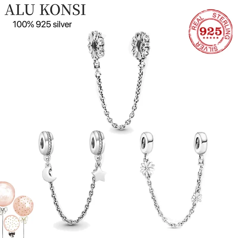 

Luxury 925 Sterling Silver Pan beads Safety chain Fit Original for Women charms bracelet Authentic DIY Jewelry Christmas gift