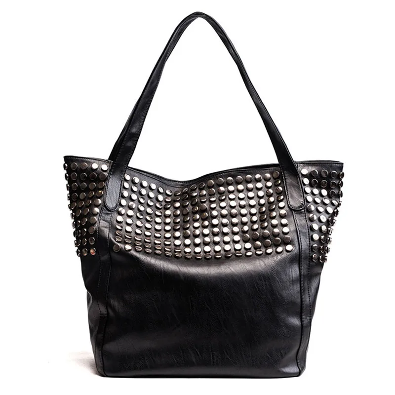 

Большая женская сумка, зимняя сумка-шоппер, Большая вместительная мягкая кожаная повседневная черная сумка с заклепками, женская сумка-слинг