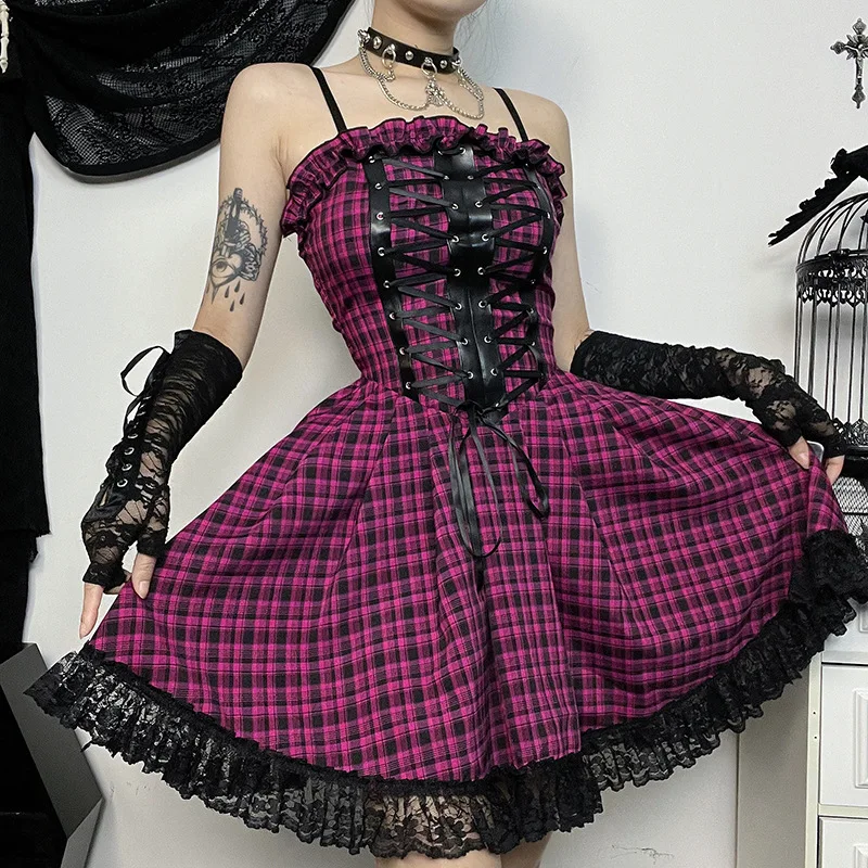 

Женское платье-Лолита в стиле панк Fairycore Grunge Y2k, кружевной бандажный корсет в стиле пэчворк, розовое клетчатое платье, популярная одежда в готическом стиле