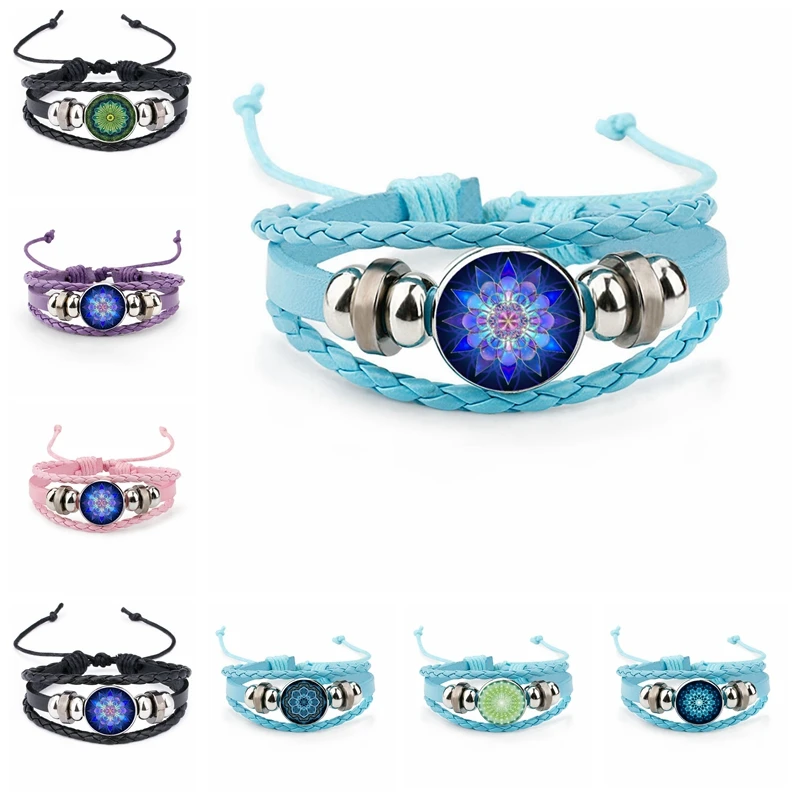 

Ethnic Style Kaleidoscope Mandala Pattern 18mm Glass Cabochon 4-color Snap Button Leather Bracelet Fashion Men and Women Gift