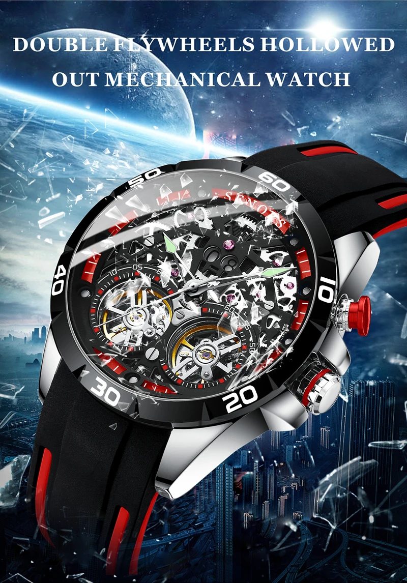 SENORS SN202 Men's Watch Automatic Mechanical Watch Men's Skeleton Double Tourbillon Sapphire Glass Clock Hollow Watch 3ATM enlarge