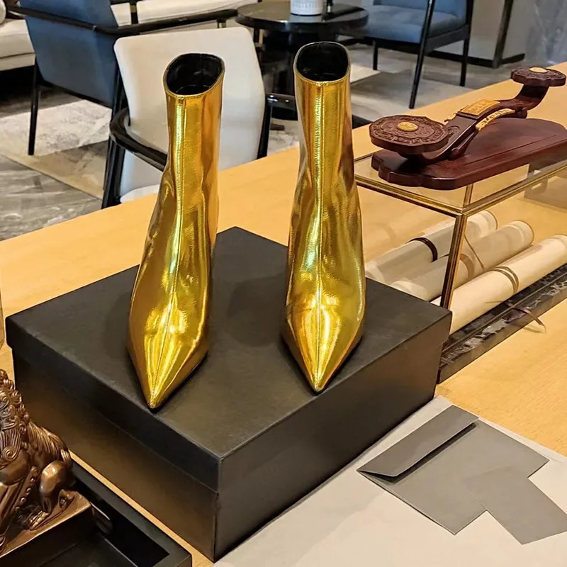 Women's New Pointed Thick Heel Sleeve Knee High Women's Boots Fashion Fashion Show Gold Large Women's Boots Winter Boots