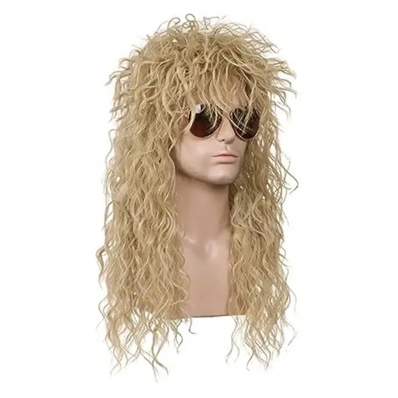 Мужской рокер 80s золотой длинный кудрявый вьющийся парик для Хэллоуина Косплей