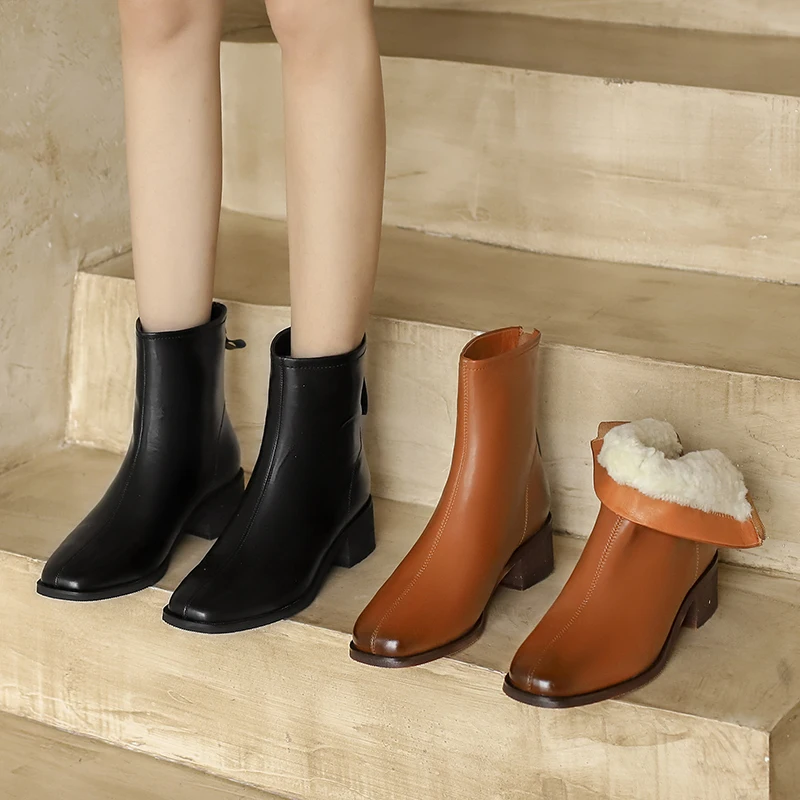 

Новинка 2022, европейские зимние ботинки, теплые зимние ботинки из натуральной кожи, ботильоны из воловьей и шерстяной кожи на молнии сзади, 22-24,5 см