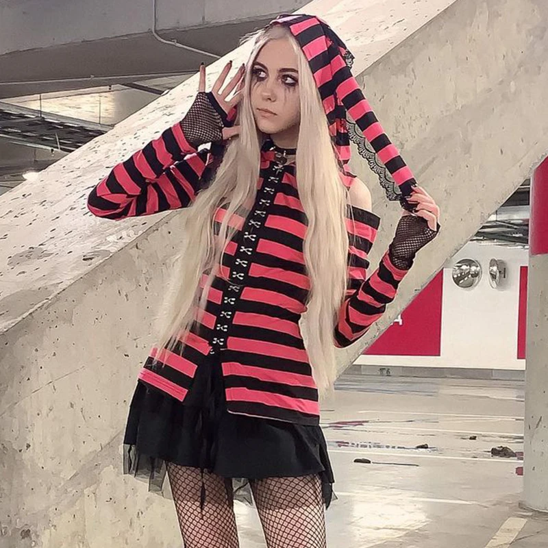 

E-girl Готическая винтажная полосатая футболка с капюшоном на пуговицах с крючком и длинным рукавом, ажурные футболки Harajuku Grunge Mall Женская