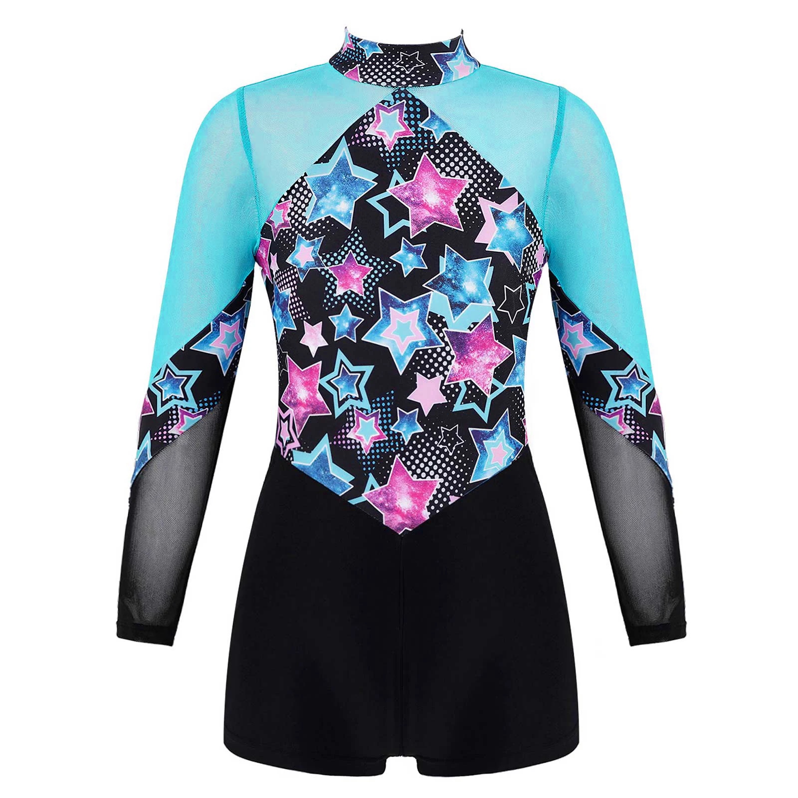 

Kids Girls Long Sleeve Mesh Patchwork Print Ballet Dance Gymnastics Leotards Jumpsuit Competition Figure Ice Skating Leotard