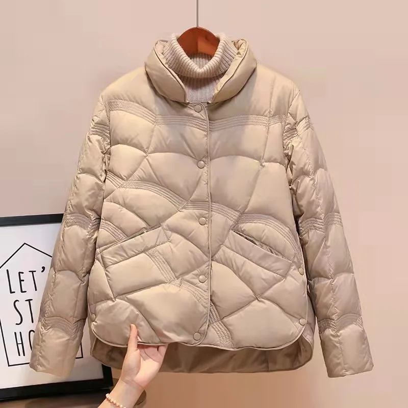 2022 New Korean Fashion Elegant Women Padded Cotton Coats Stand Collar Single Breasted Parkas Solid Long Sleeve Warm Jackets