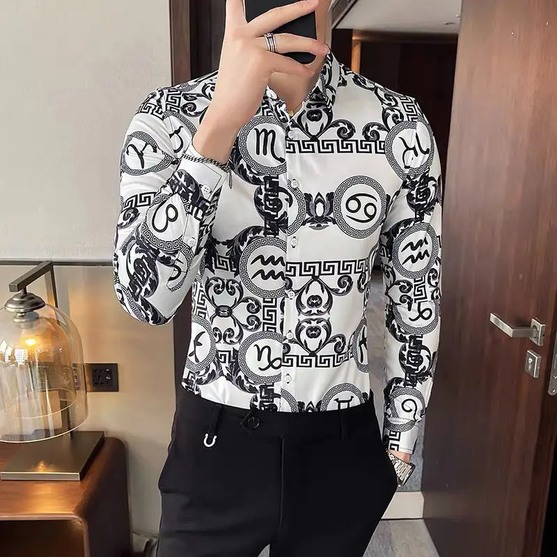 Spring and autumn new printed shirt men's long sleeve Korean slim trend flower shirt casual geometry handsome coat