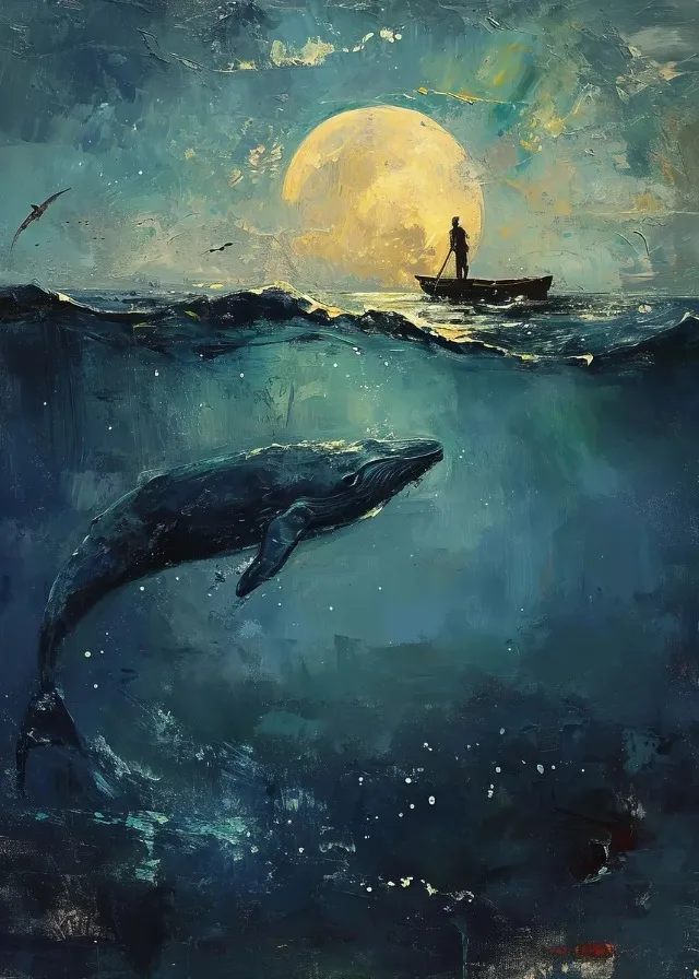 Синий кит с маяком и луной, постер на холсте Куадрос дженнифер адамс анна и поцелуи под луной