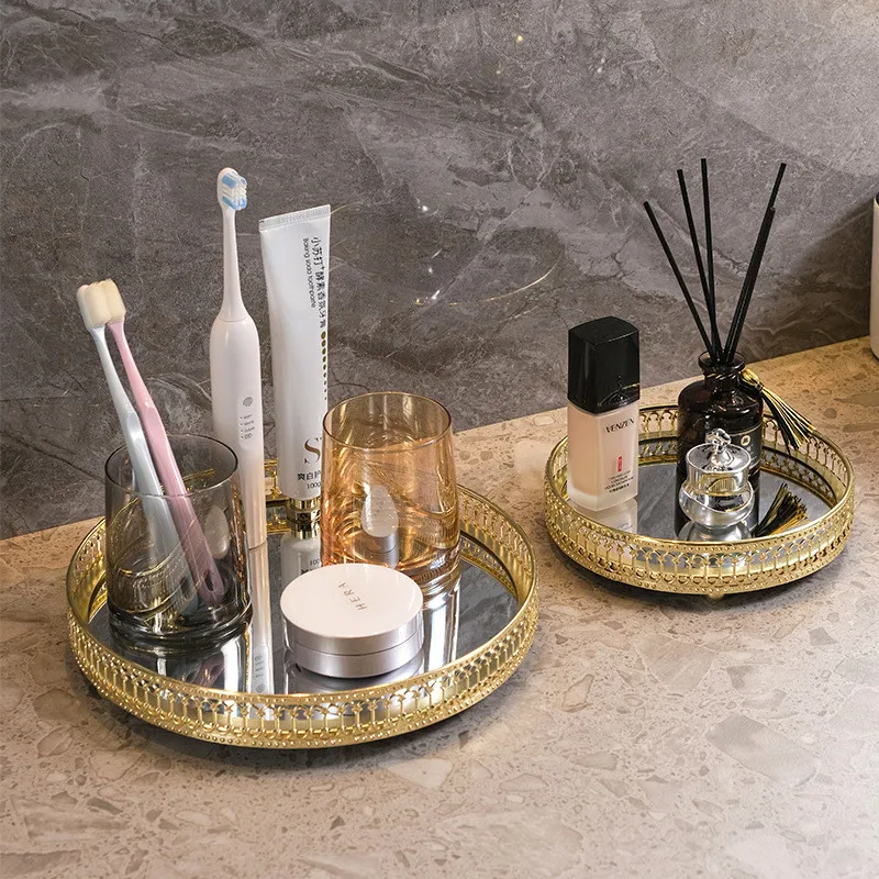 

Makeup Cosmetic Organizer Storage Box Nordic Style Skin Care Products Holder Round Glass Snack Fruit Tray Home Living Room Decor