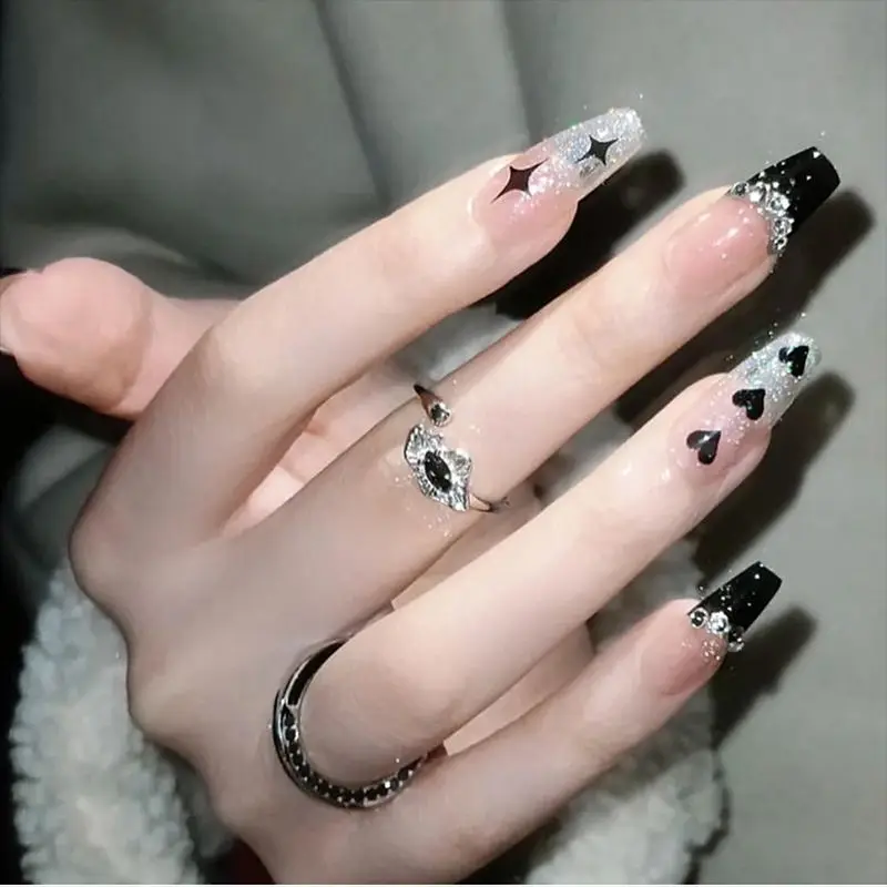 

24Pcs/set Press On Nail Black Love Diamond Ballet Full Cover False Nails Glue Press On Fashion Nails French Manicure