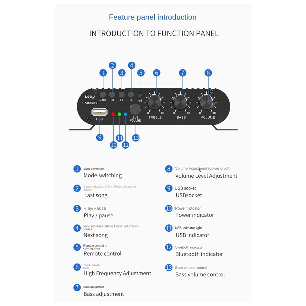 Фото LEPY 838 USB Bluetooth усилитель сабвуфера HIFI 2,1 12 В автомобильный домашний усилитель U диск без потерь подходит для динамиков 4-8 Ом-T44C №4