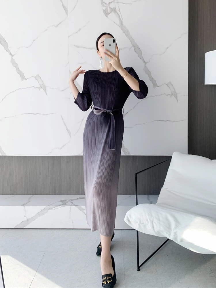 

Miyake Dress, Pleated 2023 Summer New Gradual Color Lace up Long Sleeve Long Skirt Round Neck A-line Tea Break Dress