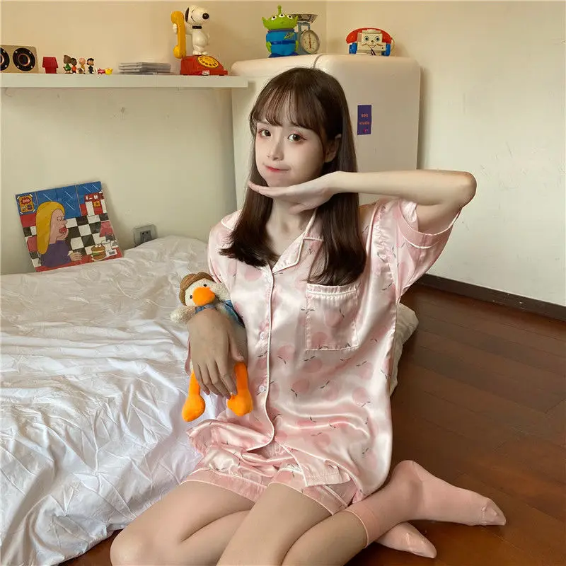 Korean Pajamas for Women 2021 New Summer Silk Pyjamas Girls Sweet Print Sleepwear Kawaii Lapel Home Suit Soft Loose 2 Piece Sets