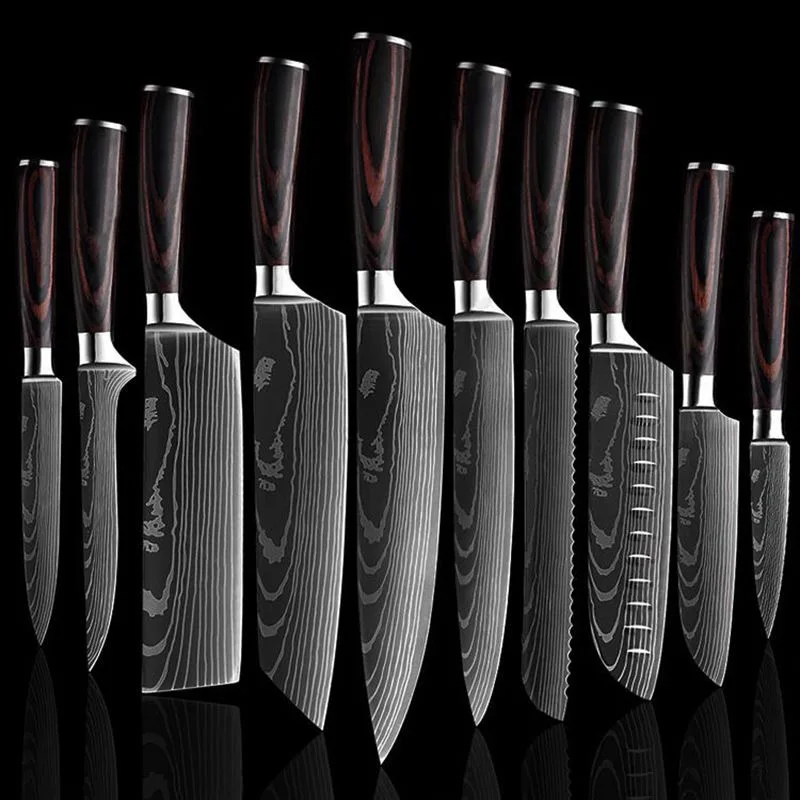

Kitchen Knife Set 7CR17 Laser Damascus Knife Stainless Steel Japanese Santoku Knife Cleaver Bread Meat Fruit Utility Chef Knife