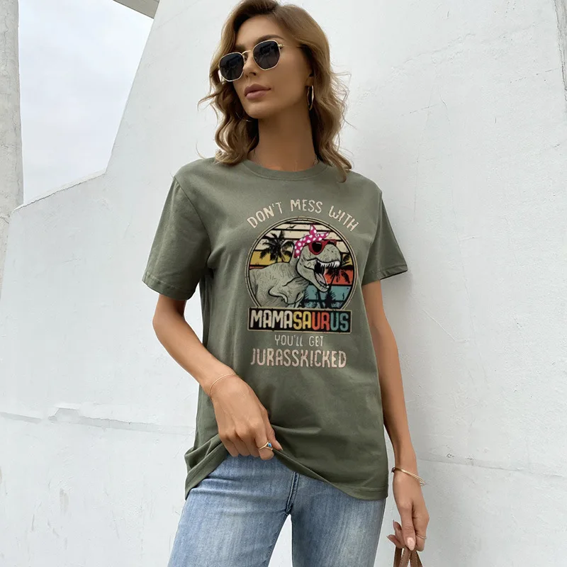 

YRYT 2023 New Women's Summer Round Neck Dinosaur T-shirt Retro Short Sleeve Loose Large Size Top