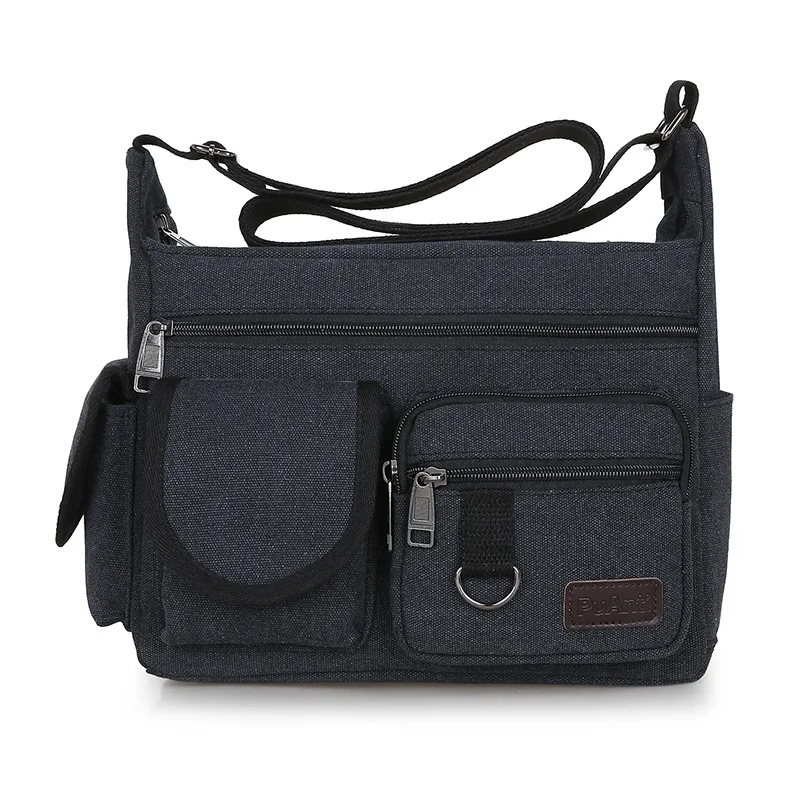 Men Canvas Shoulder Bag Travel Handbags Multifunction Messenger Bags Solid Zipper Top-handle Pack Casual Crossbody Handbags