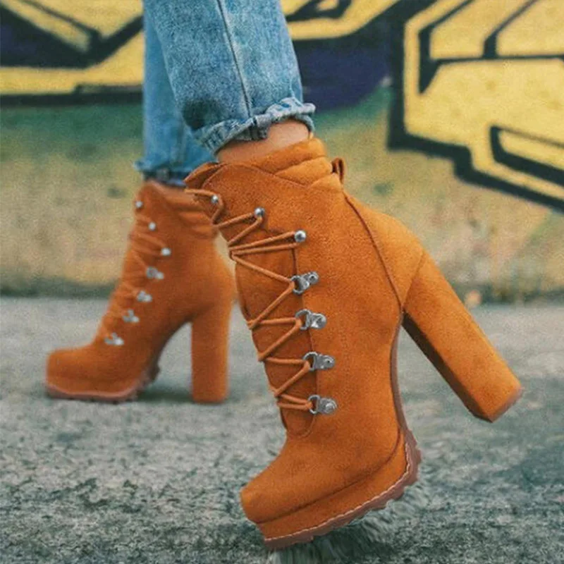 

Women's Ankle Boots Square High Heels Female Pumps Suede Solid Round Toe Heels Shoes Autumn Winter Cotton Warm Women Boots 2021