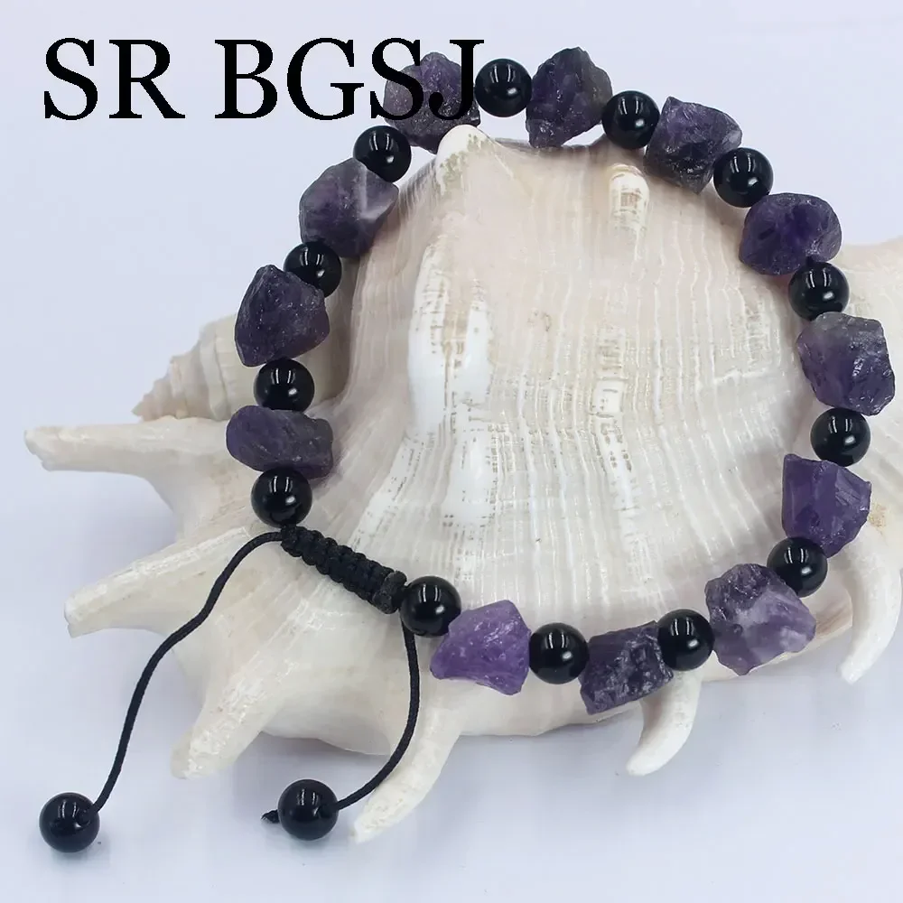 7-8 дюймов 10-11 мм вязаный натуральный необработанный аметист 6 черный обсидиан