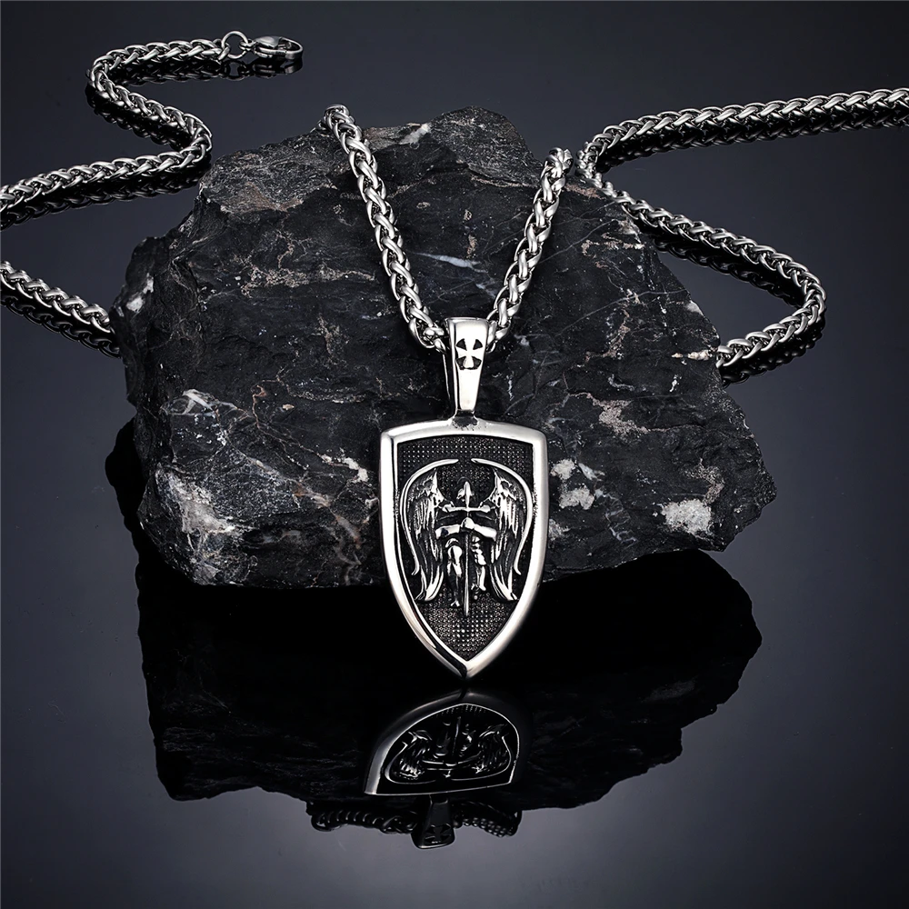 Norse St.michjael Angel Knight Cross Necklaces Men Titanium Steel Double-sided Viking Archangel Pendant Mythology Amulet Jewelry |