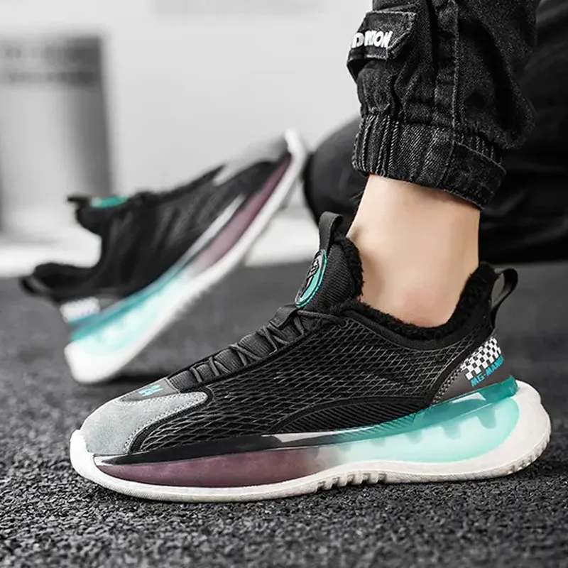 Trendy Men Shoes Plus Velvet Thickened Mesh Breathable Running Shoes Outdoor Comfortable Lightweight Non-slip Warm Sports Shoes