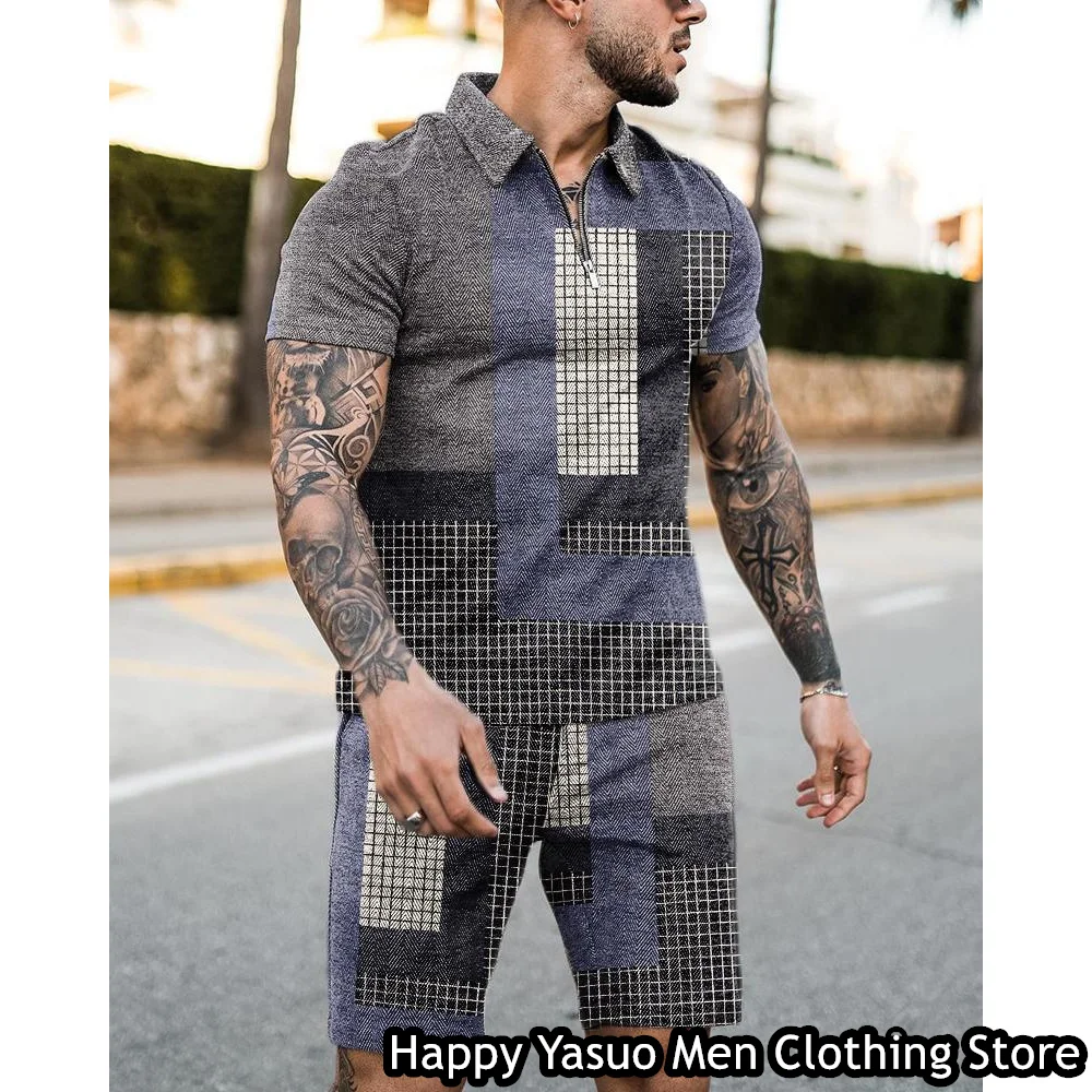 New IN Summer Men Luxury Polo Shirt Set 2 Pieces Casual Tracksuit Fashion Outfit Male Suit 3D Vintage Plaid Printed Clothing