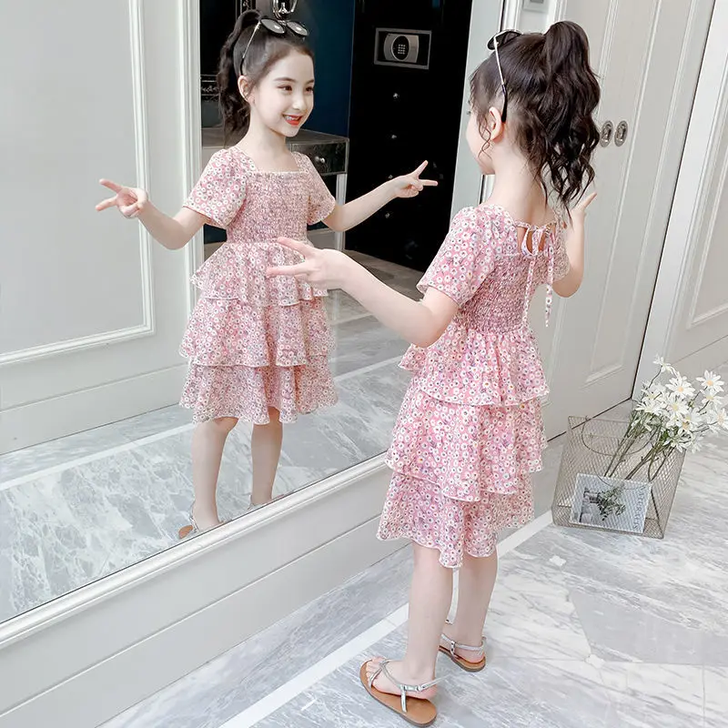 2022 Summer Girls Ball Gown Dress Tight Waist Children's Clothing Short Sleeve Kids 2-12 Years Old Cake Cupcake Chiffon |