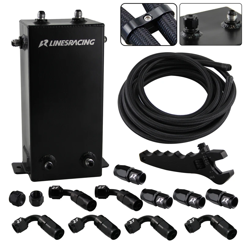 

Universal Aluminum 4L 4000ml Oil Catch Can Fuel Surge Tank AN6 9/16"-18 UNF Swirl Pot System Kit with Fuel Hoses + Wrench
