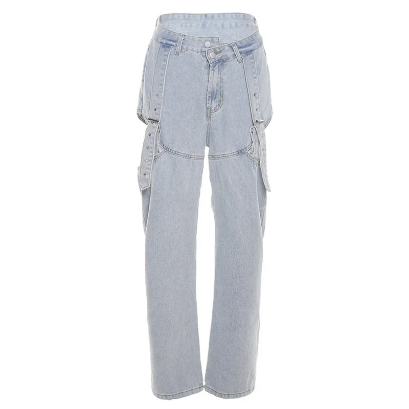 Fall 2023 New Women's Solid Color High Waist Loose Casual Hole Hollow Casual Denim Wide Leg Pants Fashionable Streetwear