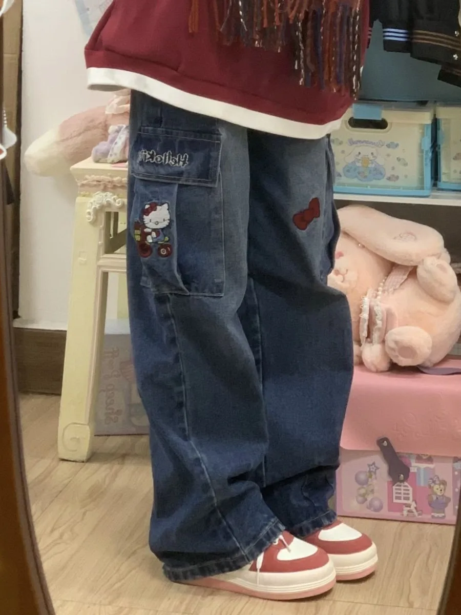 

Женские джинсы с завышенной талией Sanrio, Hello Kitty Y2K, уличная одежда, в готическом стиле, повседневные брюки-карго, корейские прямые мешковатые брюки в стиле панк