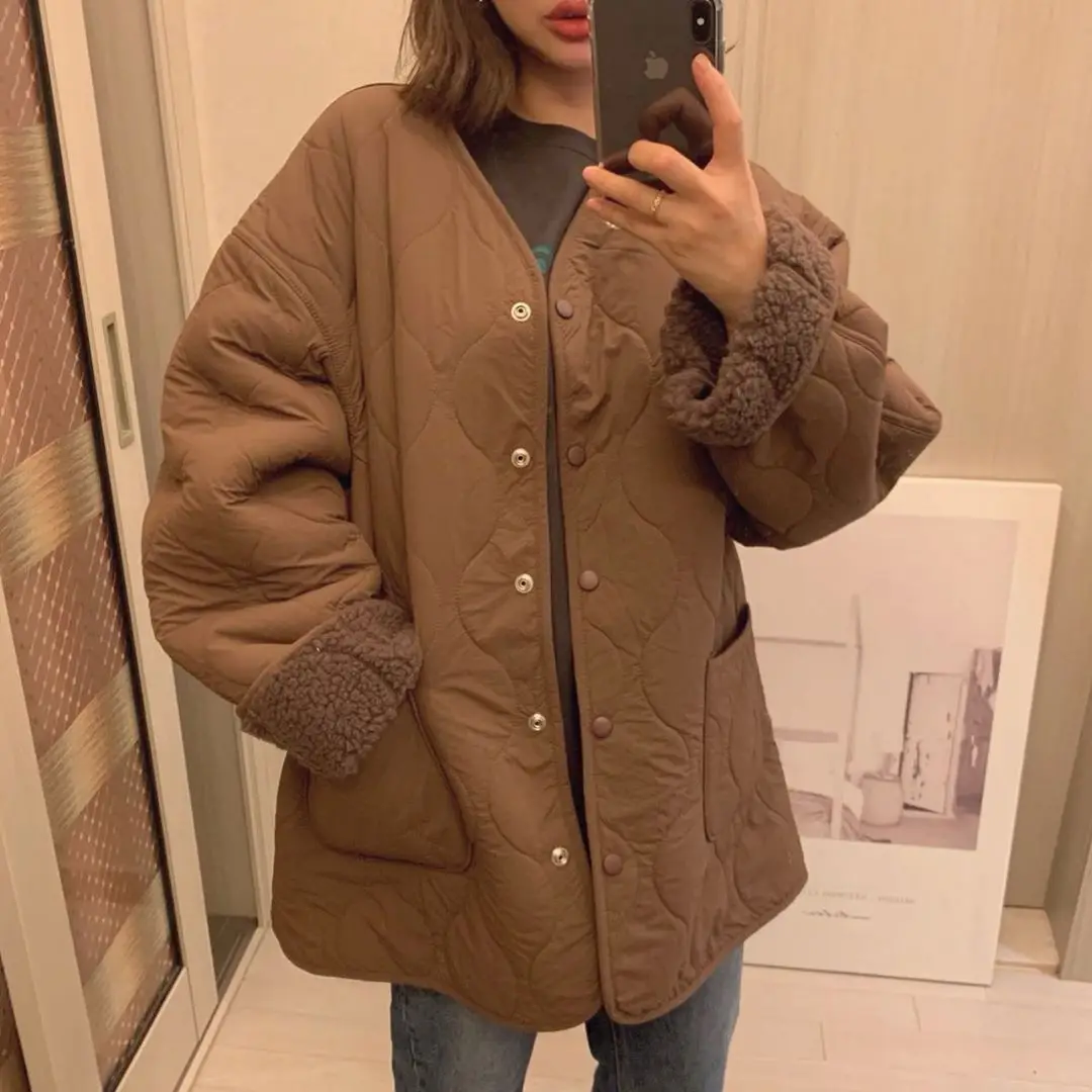 New Winter Korean V-neck Women Lamb Padded Warm Jacket Fashion Casual Loose Solid Coat Cotton Faux Lining Women Parkas 2023