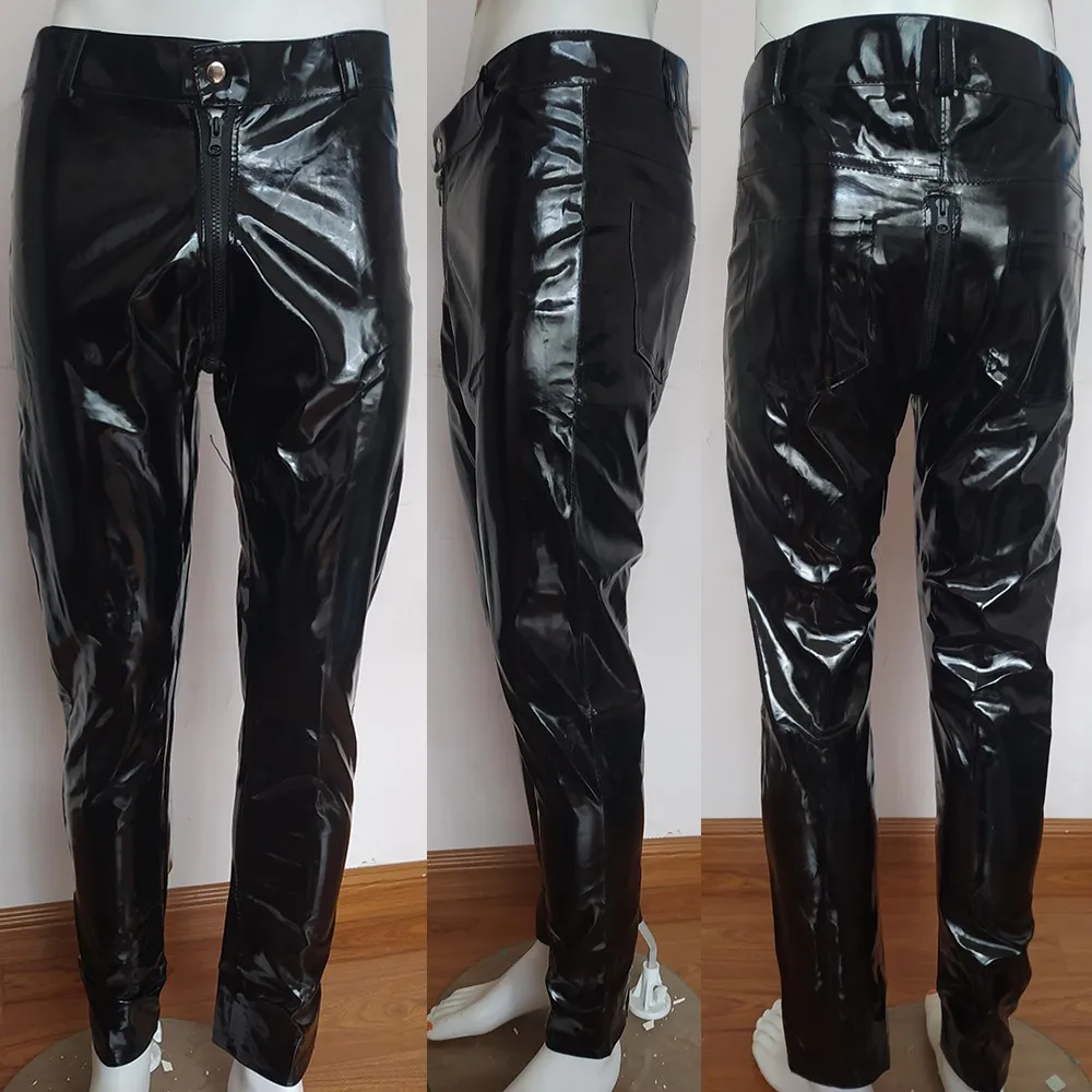 Sexy Men's Zip Crotchless Faux Leather Pants PVC Wetlook Tight Leggings Clubwear Trousers Fashion Sexy Erotic Open Crotch Pants