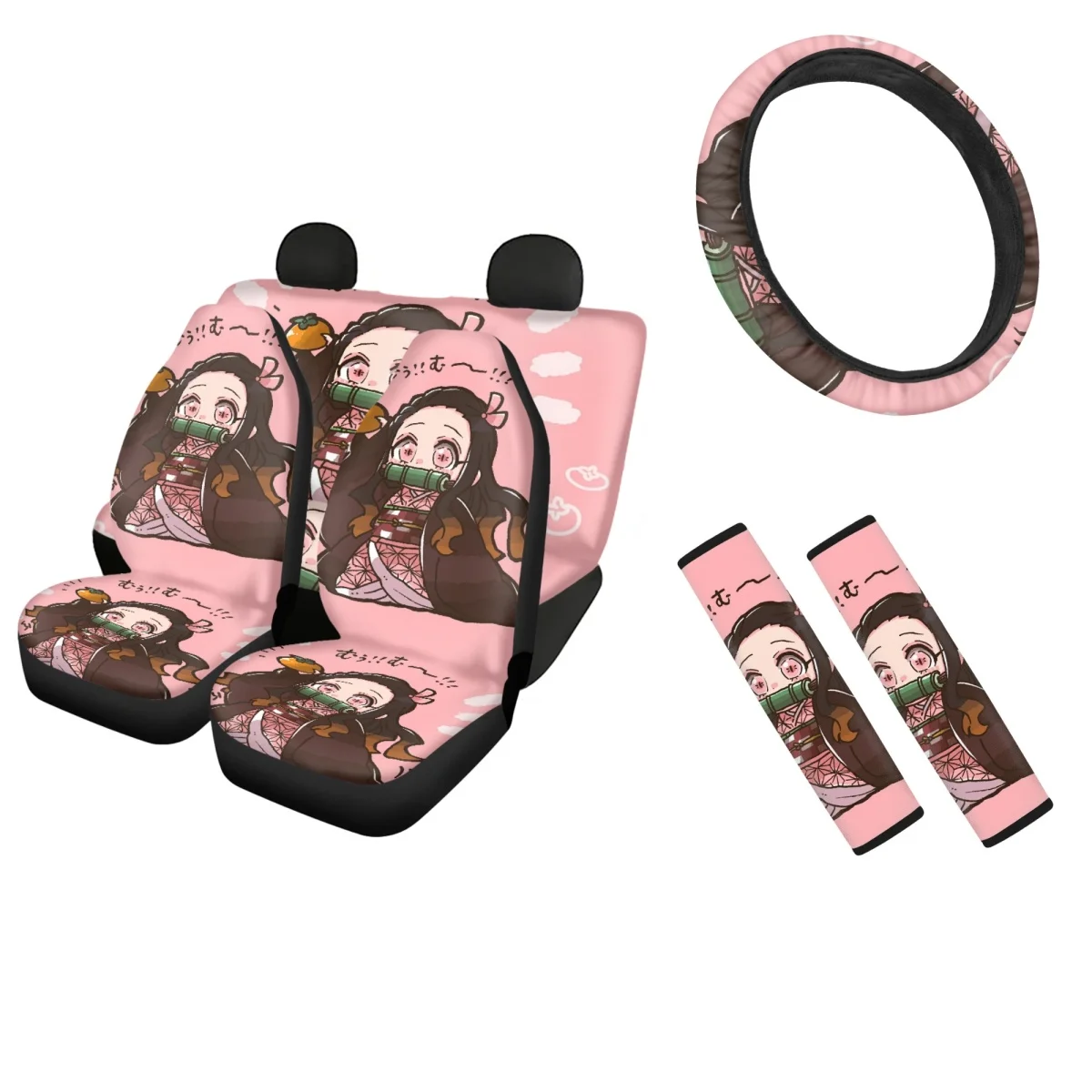 

Anime Demon Slayer-Nezuko Universal Fit Car Seat Covers Auto Seat Belt Cover For Adults Easy Install Steering Wheel Cover Cute