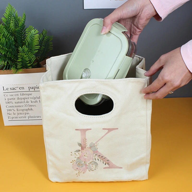 

Light Rose Red Canvas Insulated Lunch Bag Portable Insulated Neutral Bento Box Handbag Insulated Food Picnic Storage Bag