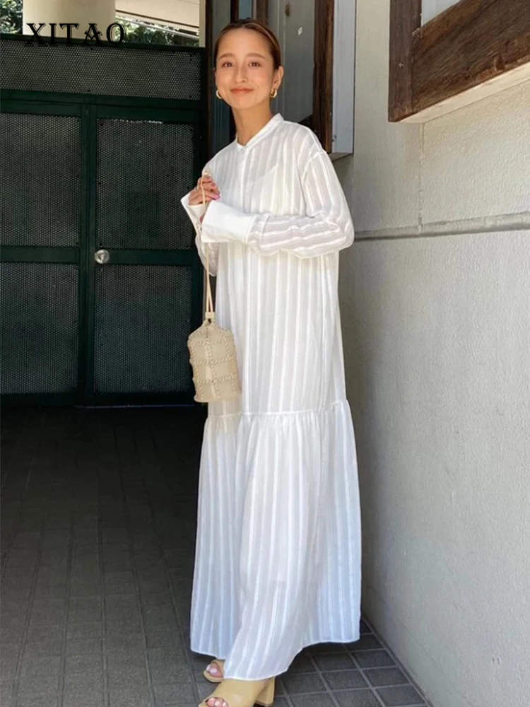 

XITAO Solid Pleated Dress Women Korea Summer New Arrival Personality Fashion Loose Turn-down Collar Full Sleeve Dress WLD8270