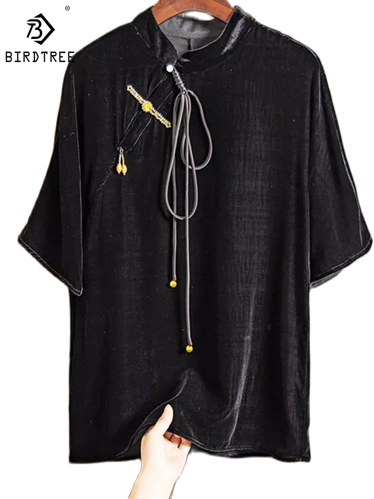 

Женские велюровые футболки Birdtree, 100% шелк тутового шелкопряда, с воротником-стойкой, с короткими рукавами, Ретро стиль, модные шикарные футболки, осень-весна, топы T39430QM