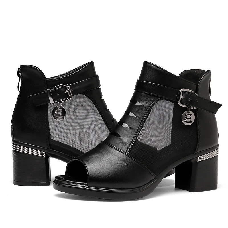 

Женские сандалии из искусственной кожи, 2022, с открытым носком, сеткой, на низком каблуке, с застежкой-молнией сзади